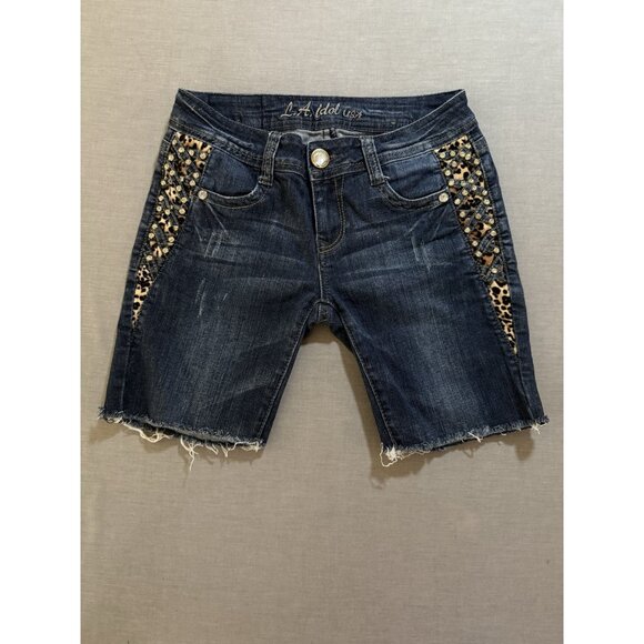 LA Idol Cut Off Denim Shorts Women's 7 Blue Embellished Flap‎ Pocket Studded. - Picture 1 of 9